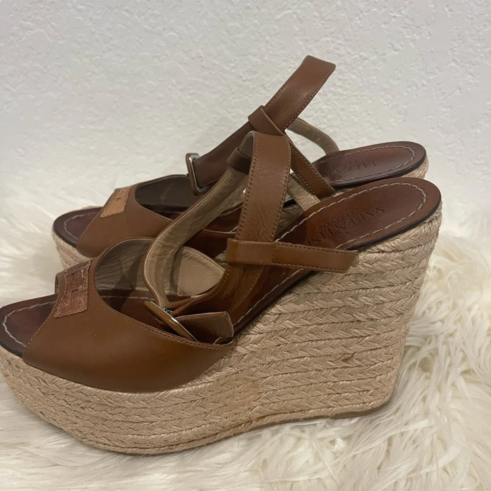 Valentino‎ Garavani Leather Espadrille Wedges Brown Bow Accents Wedge